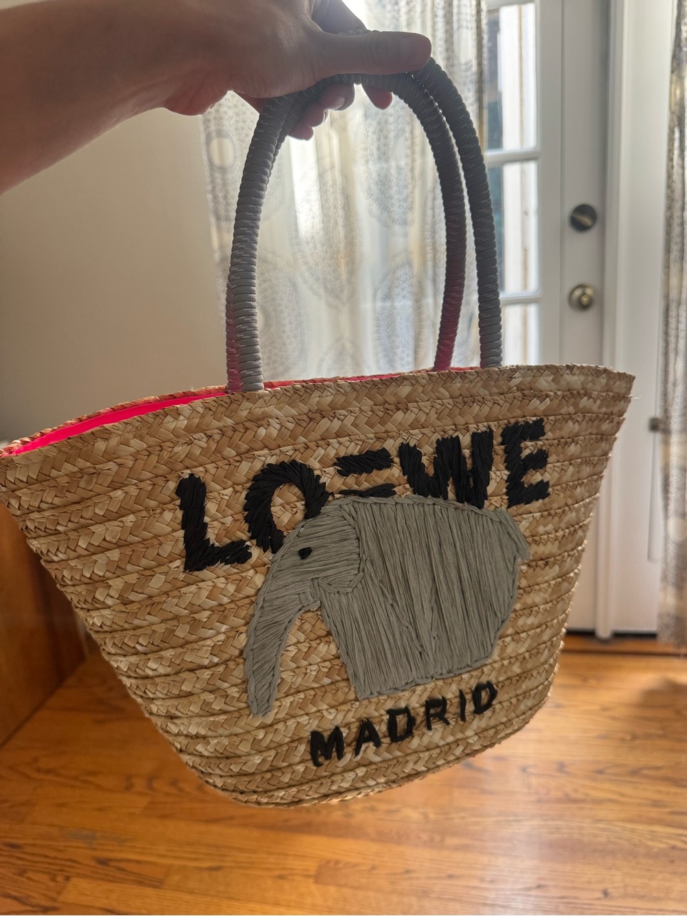 Straw Tote Bag with Gray Elephant Accent - Natural/Gray